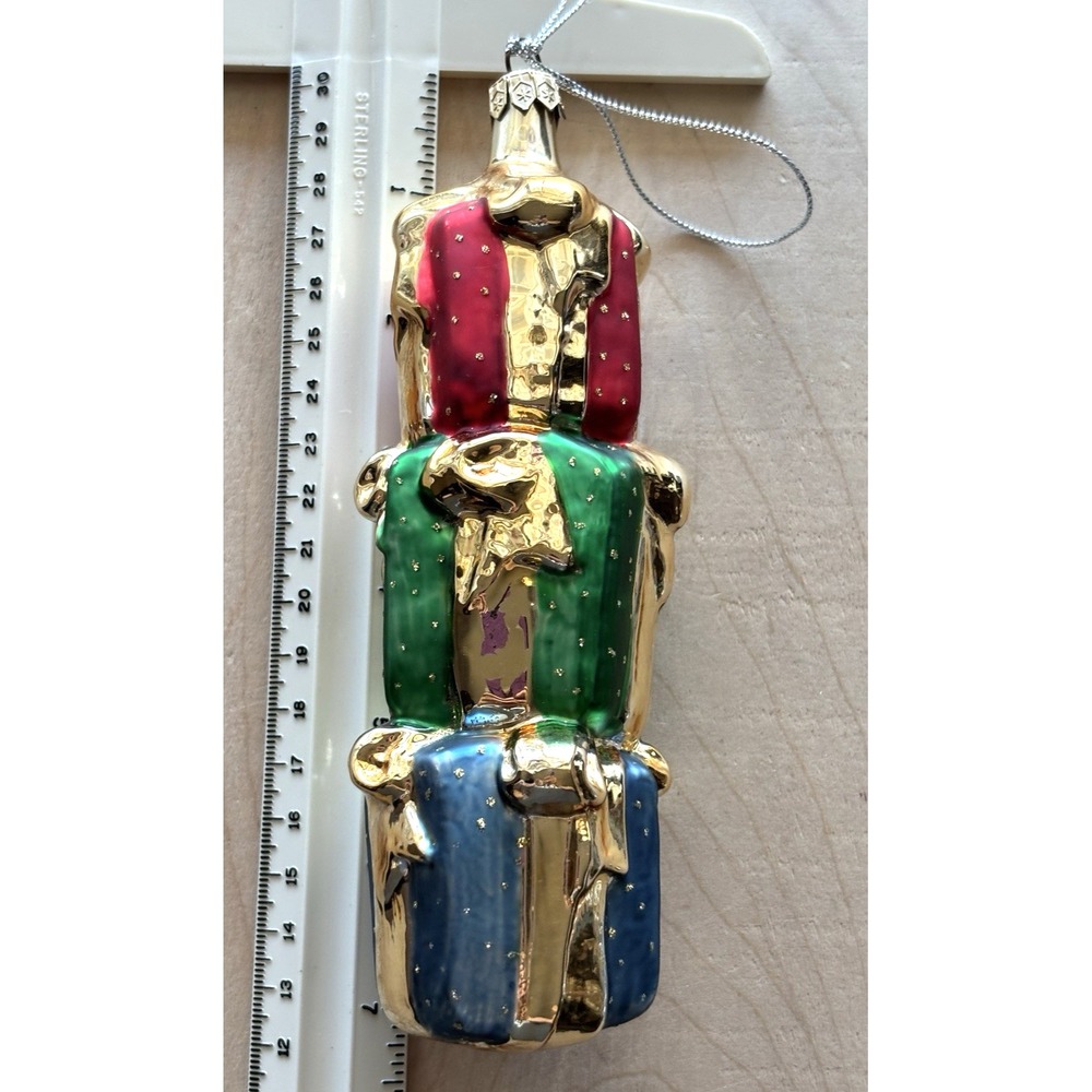 Vtg Christmas Ornament Glass Gift Presents Totem Stack Poland Red Green Blue 6"